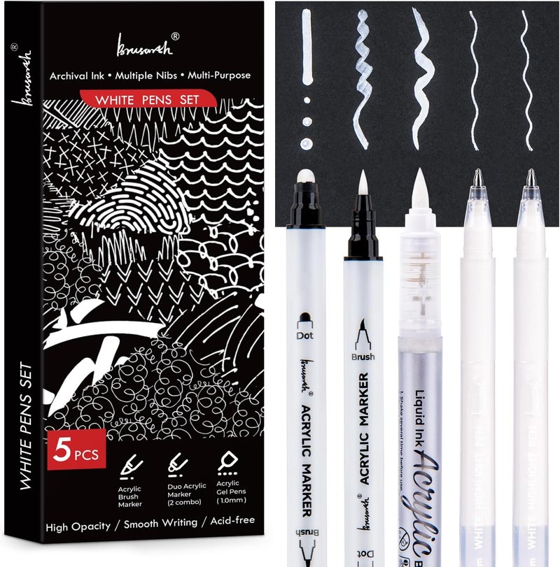 Brusarth White Pens Set, 5 Pack, 1mm White Gel Pens, Dual-Tip Acrylic Paint Pen, Brush Tip Acrylic Markers for Black Paper Drawing, Sketching, Illustration, Card Making, Bullet Journaling - Image 1